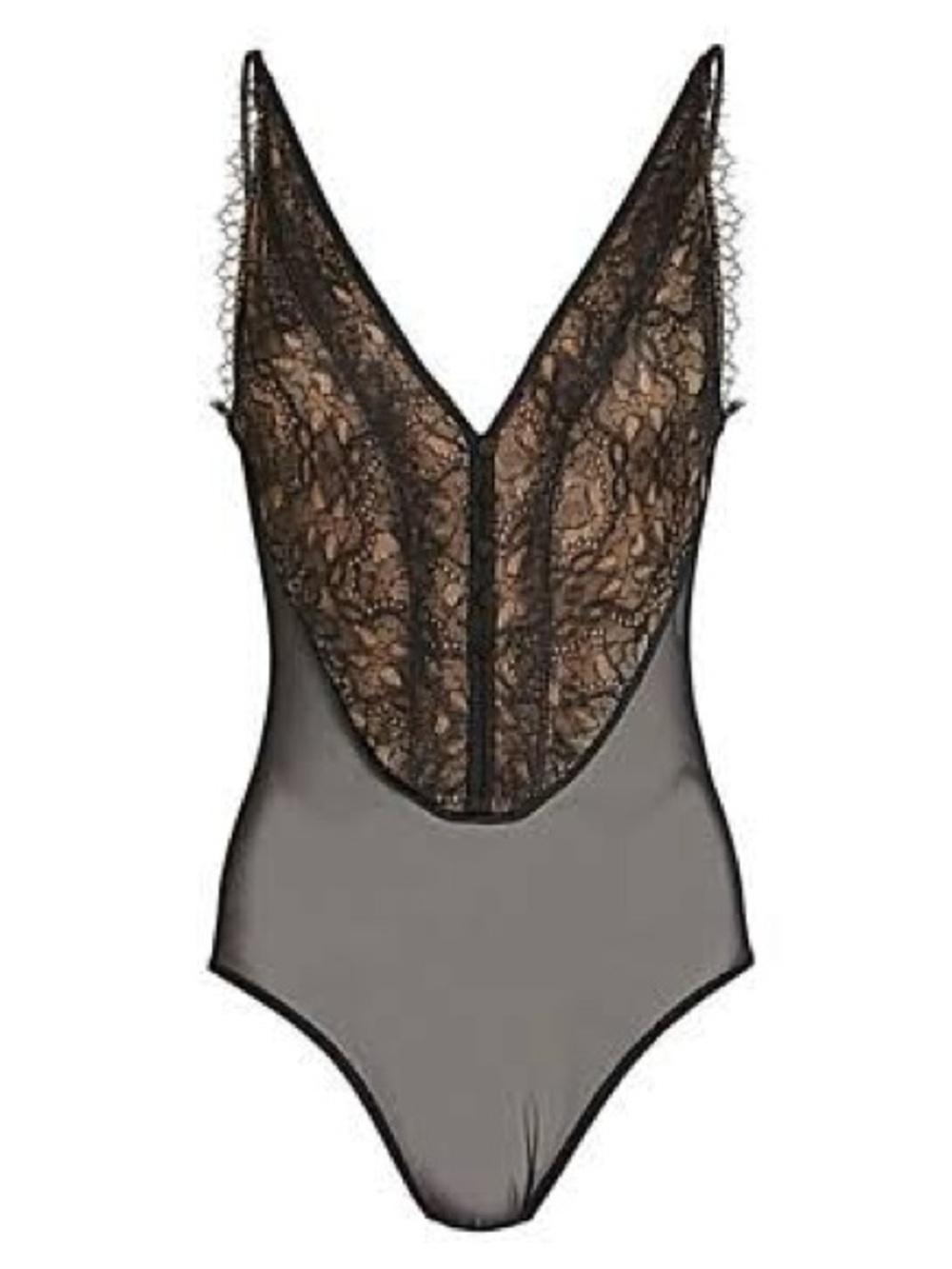 JONATHAN SIMKHAI Sheer Lace Deep V Bodysuit Black lace button plunge 2 XS NWT